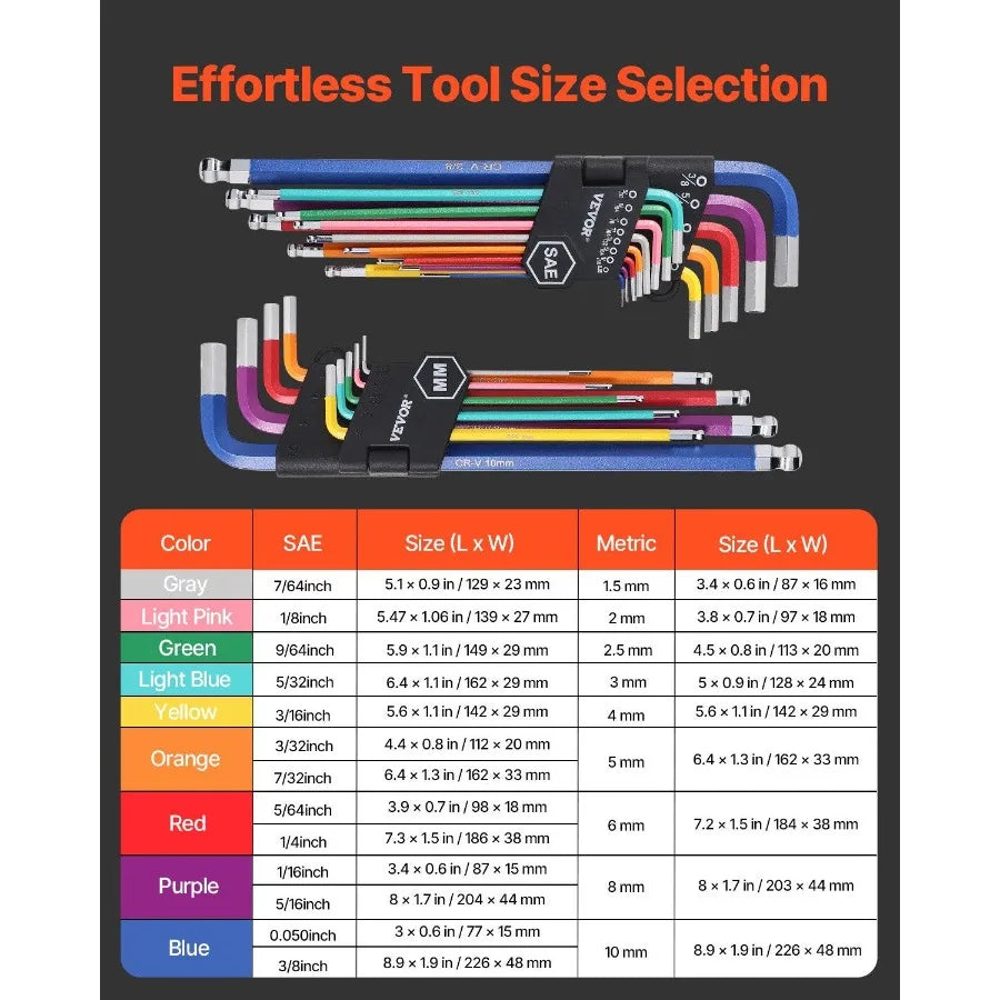 22-Piece Hex Key Allen Wrench Set | SAE & Metric Long Arm Ball-End Keys (1.5mm–10mm & 0.050"–3/8") | Color-Coded, Chrome Vanadium Steel