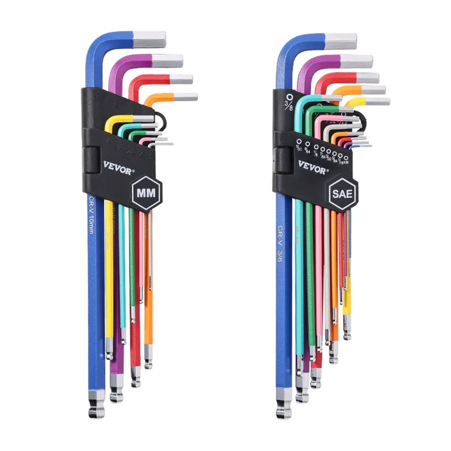 22-Piece Hex Key Allen Wrench Set | SAE & Metric Long Arm Ball-End Keys (1.5mm–10mm & 0.050"–3/8") | Color-Coded, Chrome Vanadium Steel