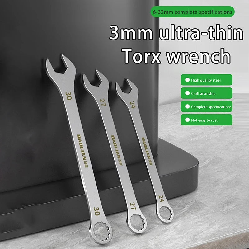 3mm Ultra-Thin Dual-Purpose Wrench – Large Open-End & Plum Wrench for Automotive, Bike & Machinery Repairs (4mm–32mm)
