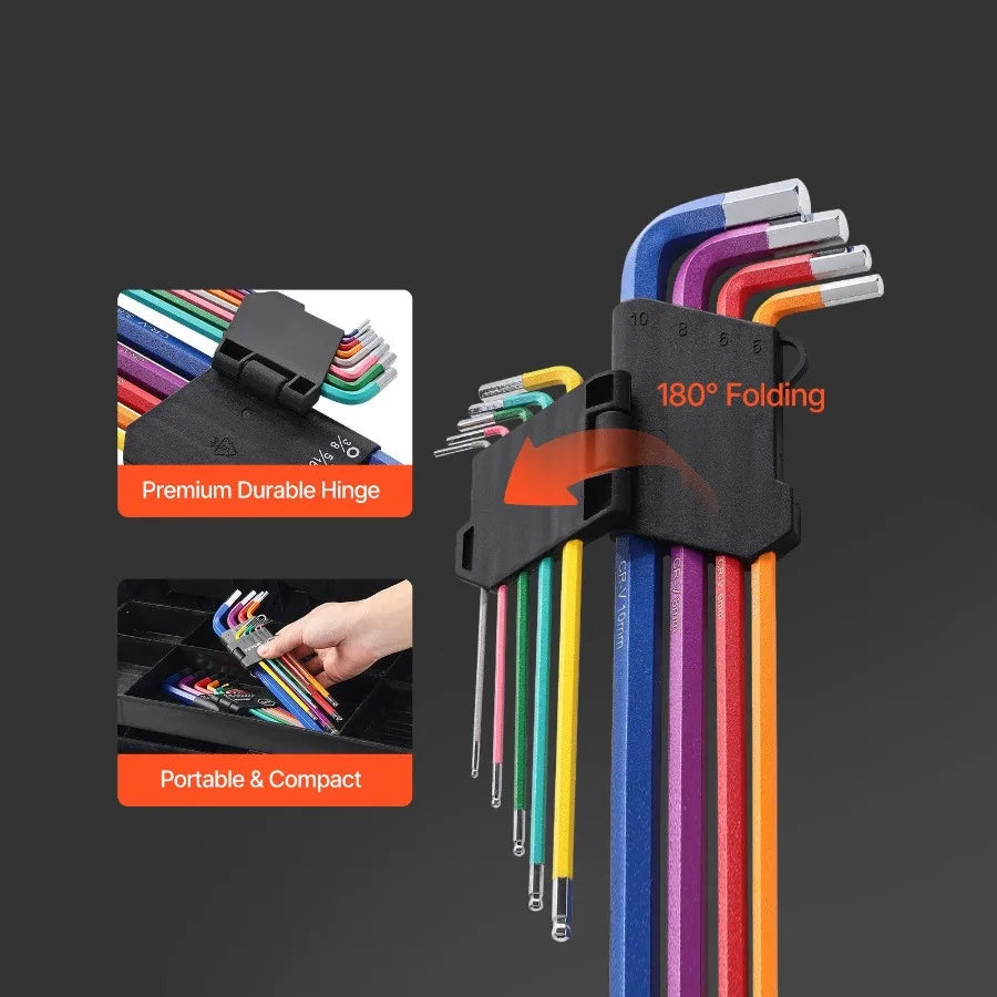 22-Piece Hex Key Allen Wrench Set | SAE & Metric Long Arm Ball-End Keys (1.5mm–10mm & 0.050"–3/8") | Color-Coded, Chrome Vanadium Steel