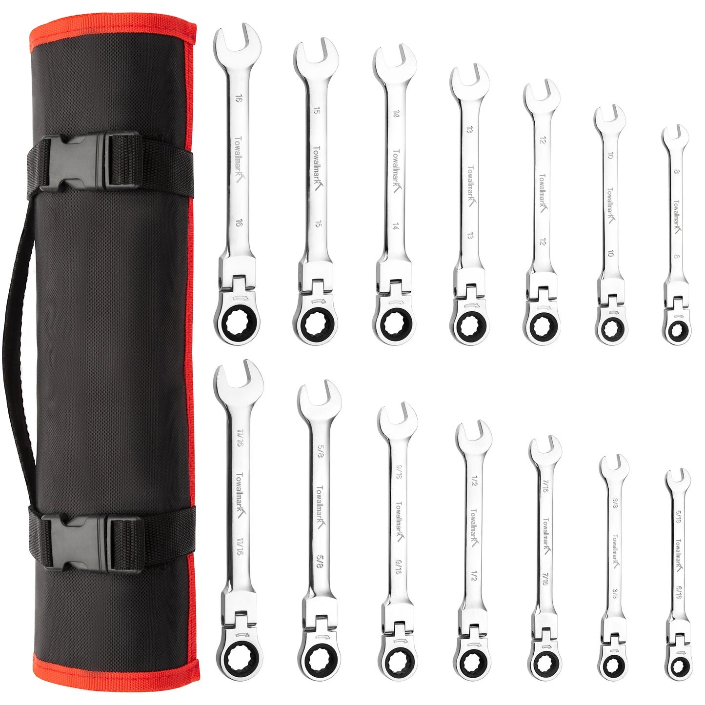 14-Piece Metric & SAE Ratcheting Wrench Set – 180° Flex-Head Combination Wrenches with Roll-Up Pouch, Chrome Vanadium Steel (8mm–16mm & 5/16"–11/16")