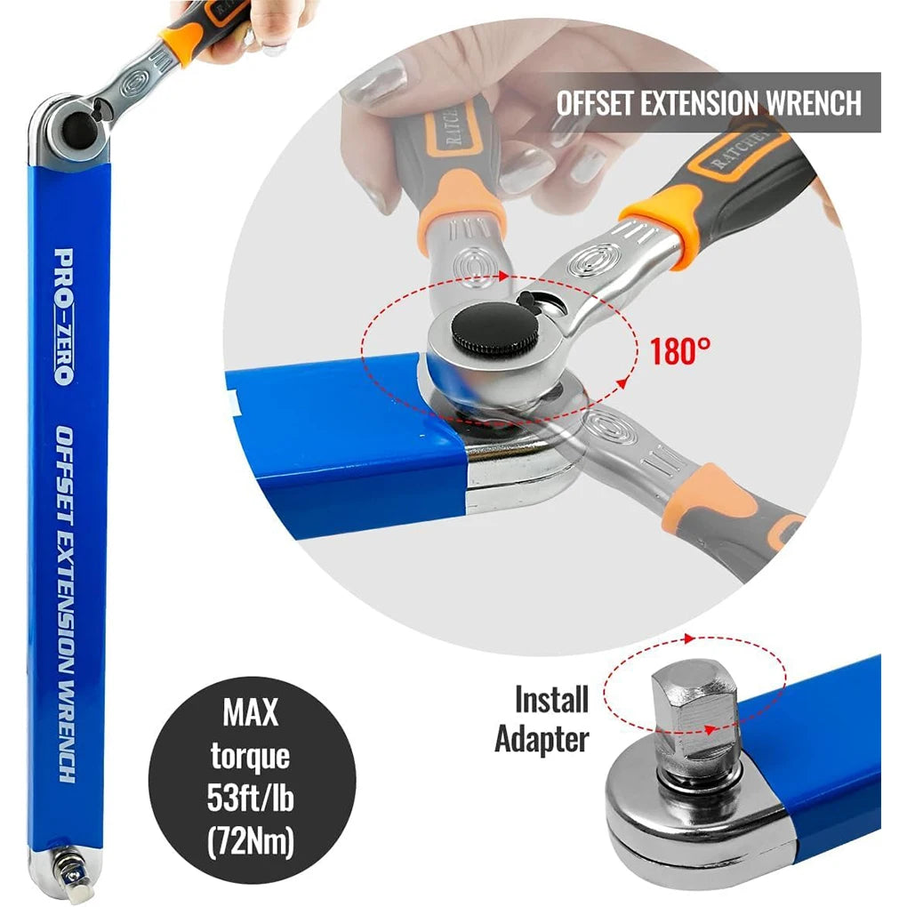 Adjustable Offset Extension Wrench Set – 15-Inch Tight Reach Ratchet Wrench with 3 Adapters & Drill Drive for Automotive & Mechanical Repairs