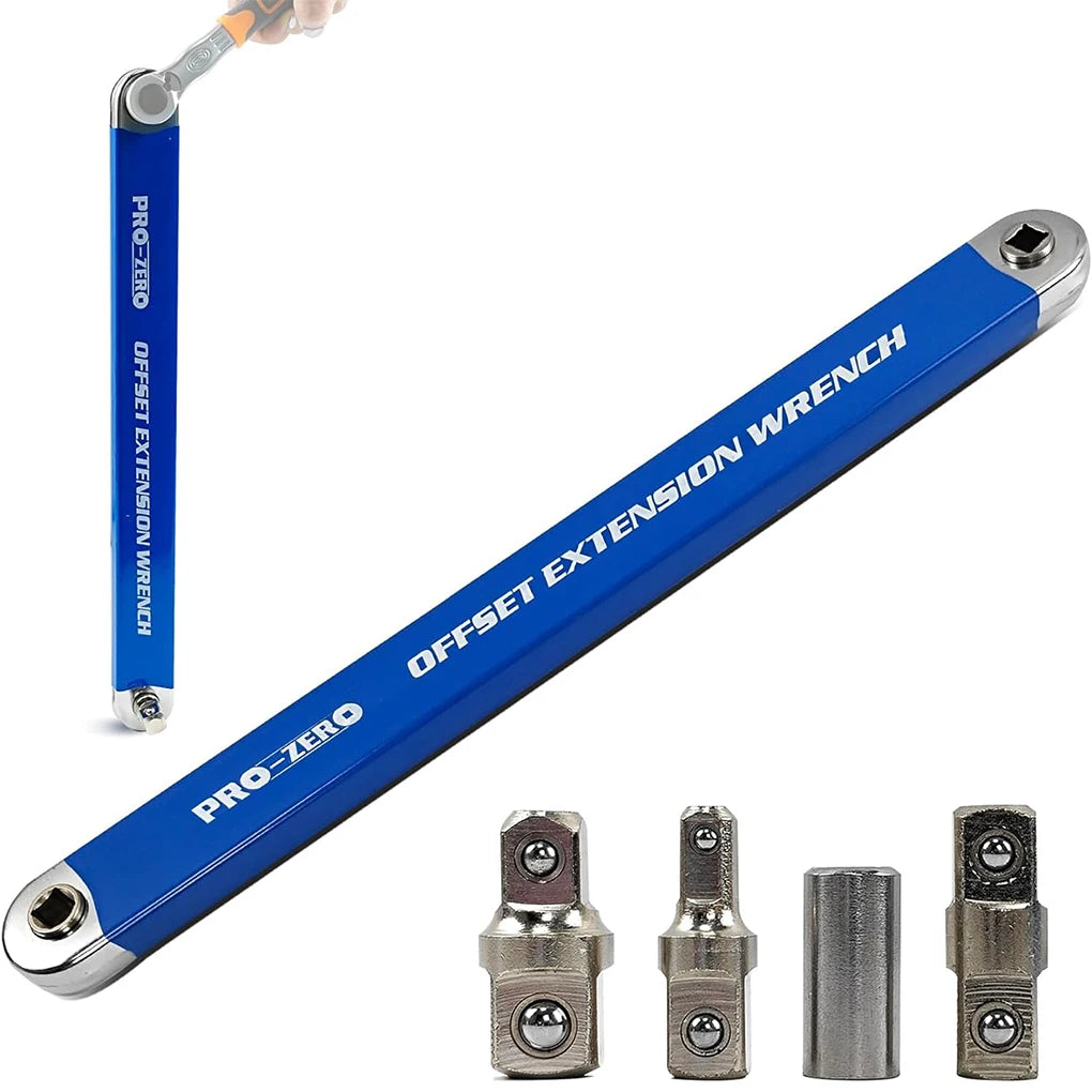 Adjustable Offset Extension Wrench Set – 15-Inch Tight Reach Ratchet Wrench with 3 Adapters & Drill Drive for Automotive & Mechanical Repairs