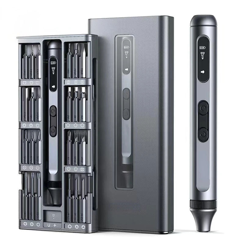 electric screwdriver with digital display and interchangeable bits in a case on a white background