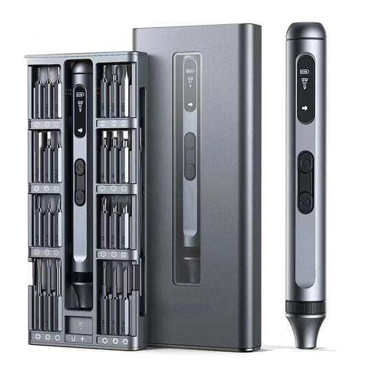 electric screwdriver with digital display and interchangeable bits in a case on a white background