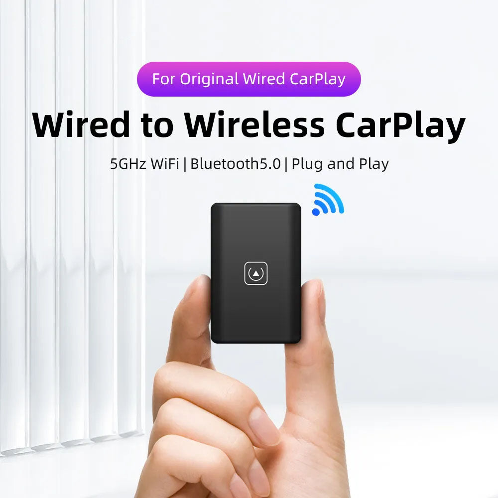 Black wireless carplay adapter held by a hand with product features highlighted.