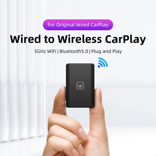 Black wireless carplay adapter held by a hand with product features highlighted.