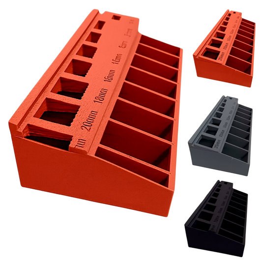 Red plastic bolt sorter with multiple sizes on a white background