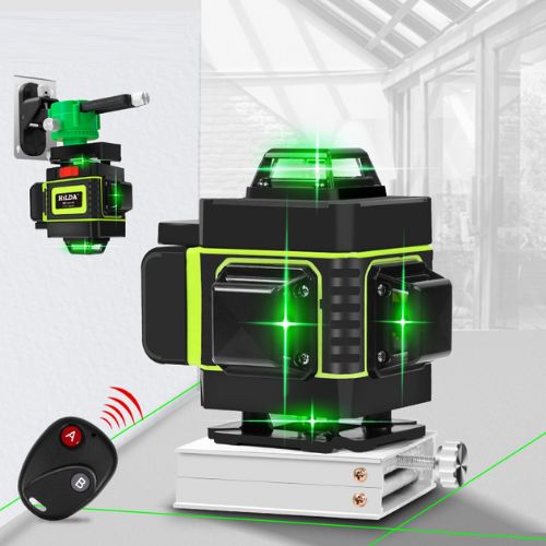 Green laser level with remote control on a white background