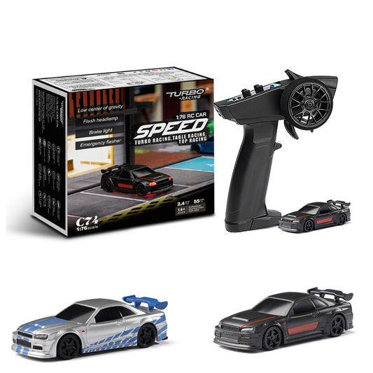 RC car set with remote control, cars, and packaging on a white background