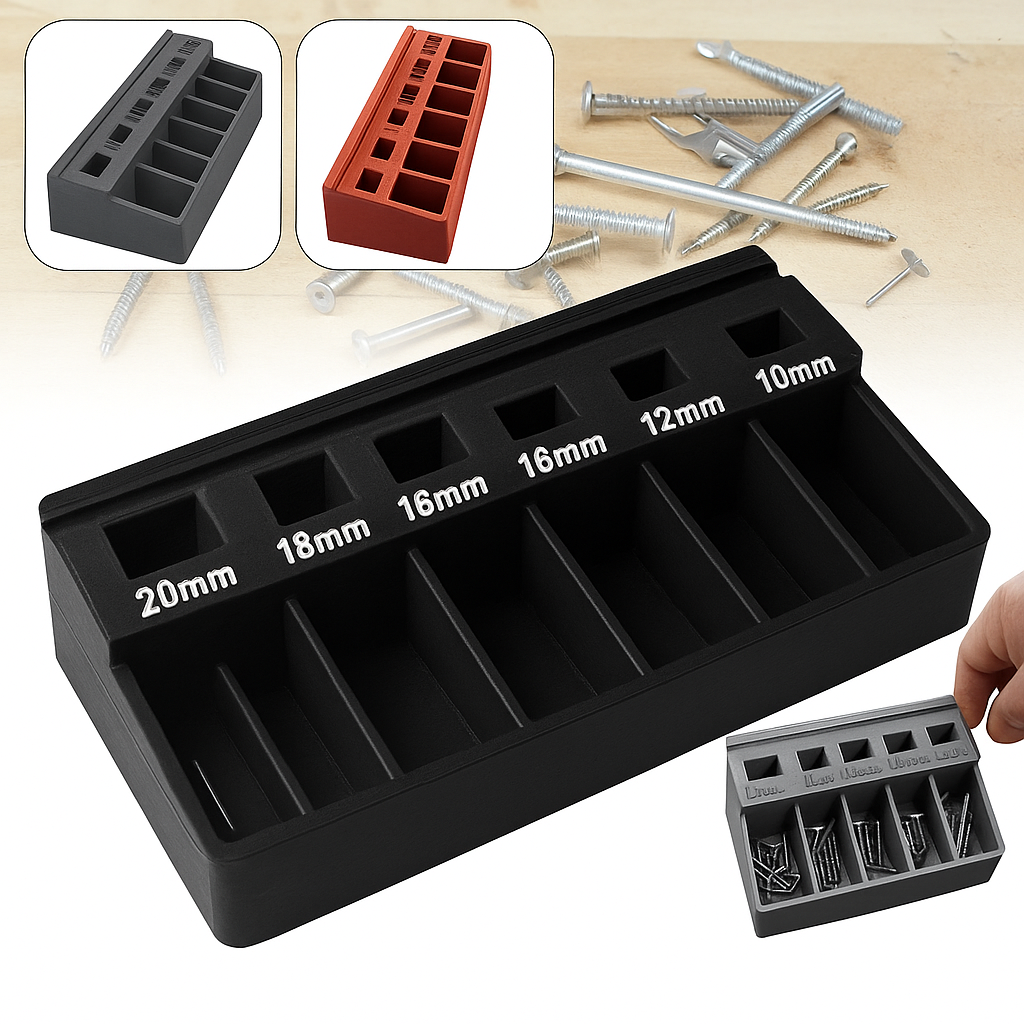 Black bolt sorter with measurement markings on a light background