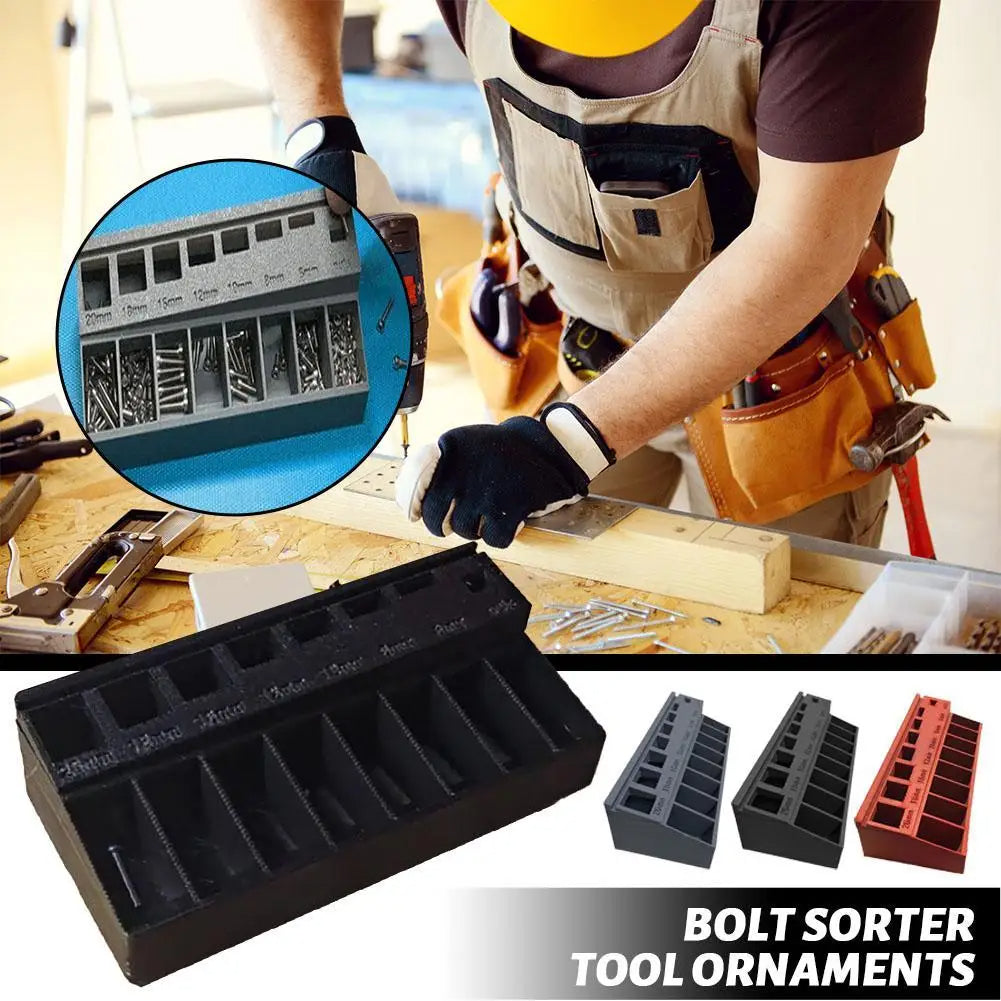 Person working with tools and a bolt sorter tool ornament on a workbench.