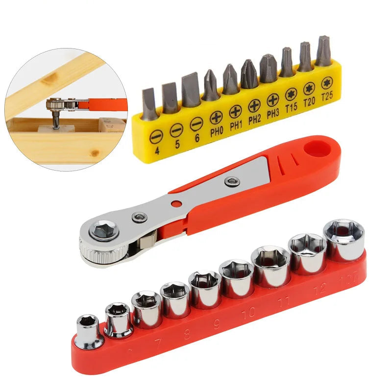 Ratchet screwdriver socket set with tool holder on a white background