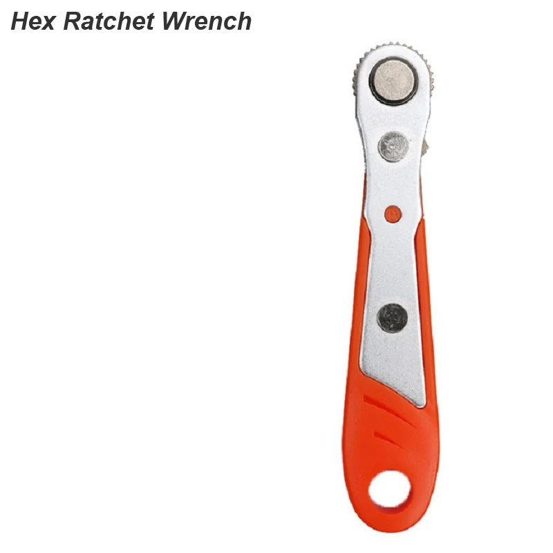 Hex ratchet wrench with orange handle and silver head on a white background