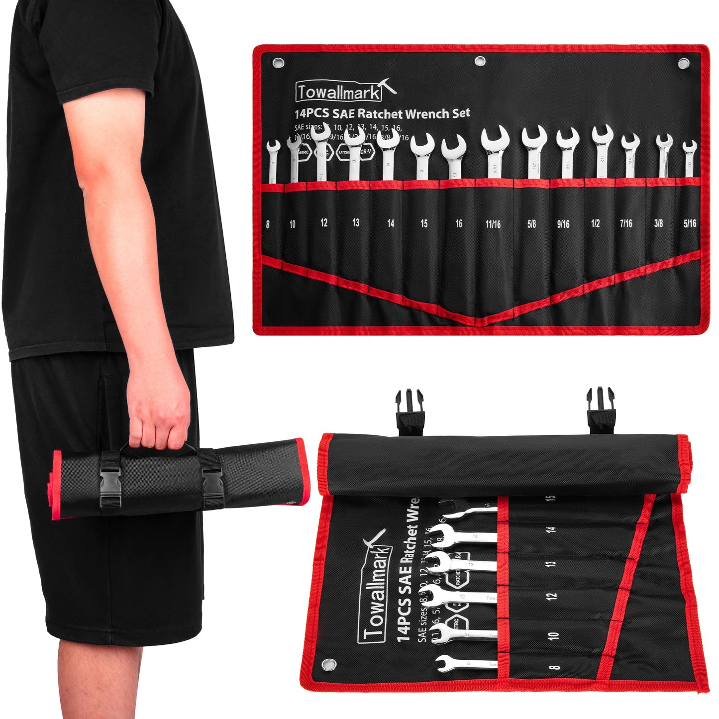 14-Piece Metric & SAE Ratcheting Wrench Set – 180° Flex-Head Combination Wrenches with Roll-Up Pouch, Chrome Vanadium Steel (8mm–16mm & 5/16"–11/16")