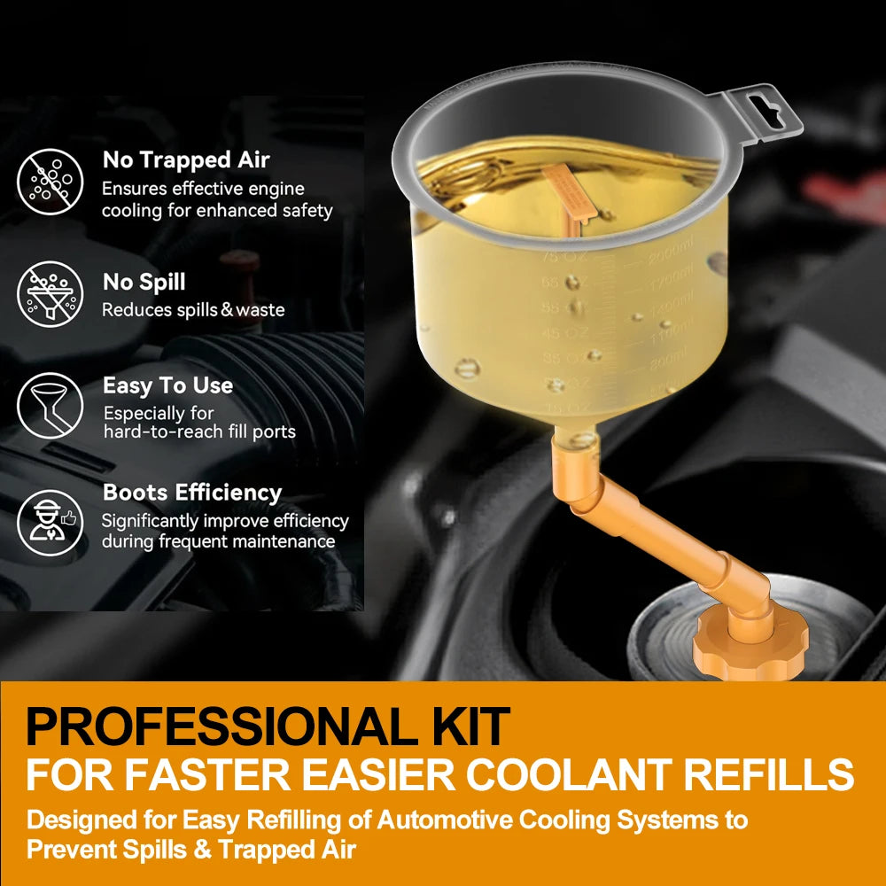 Spill-Proof Coolant Funnel Kit – Universal Radiator Filling System with 5 Adapters, Extension Tube & Elbows for Cars, SUVs & Light Trucks