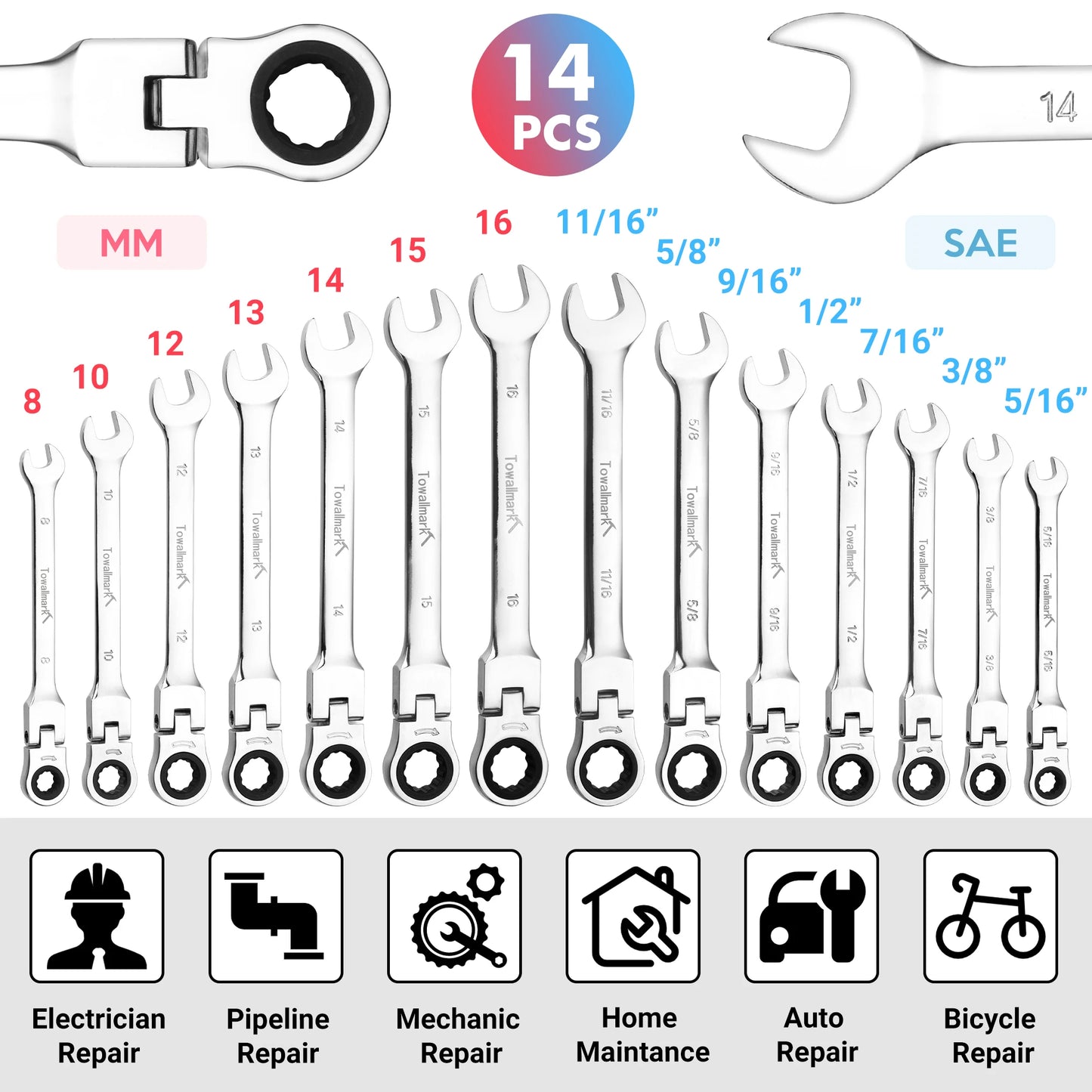 14-Piece Metric & SAE Ratcheting Wrench Set – 180° Flex-Head Combination Wrenches with Roll-Up Pouch, Chrome Vanadium Steel (8mm–16mm & 5/16"–11/16")