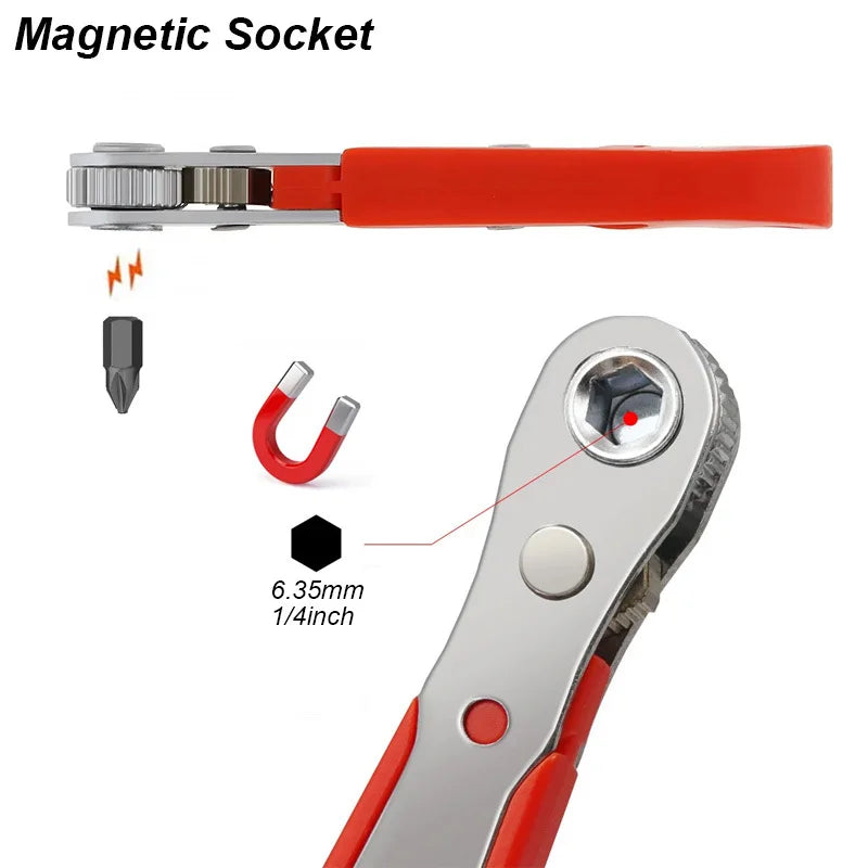 Magnetic socket tool with red handle and detachable bit on a white background