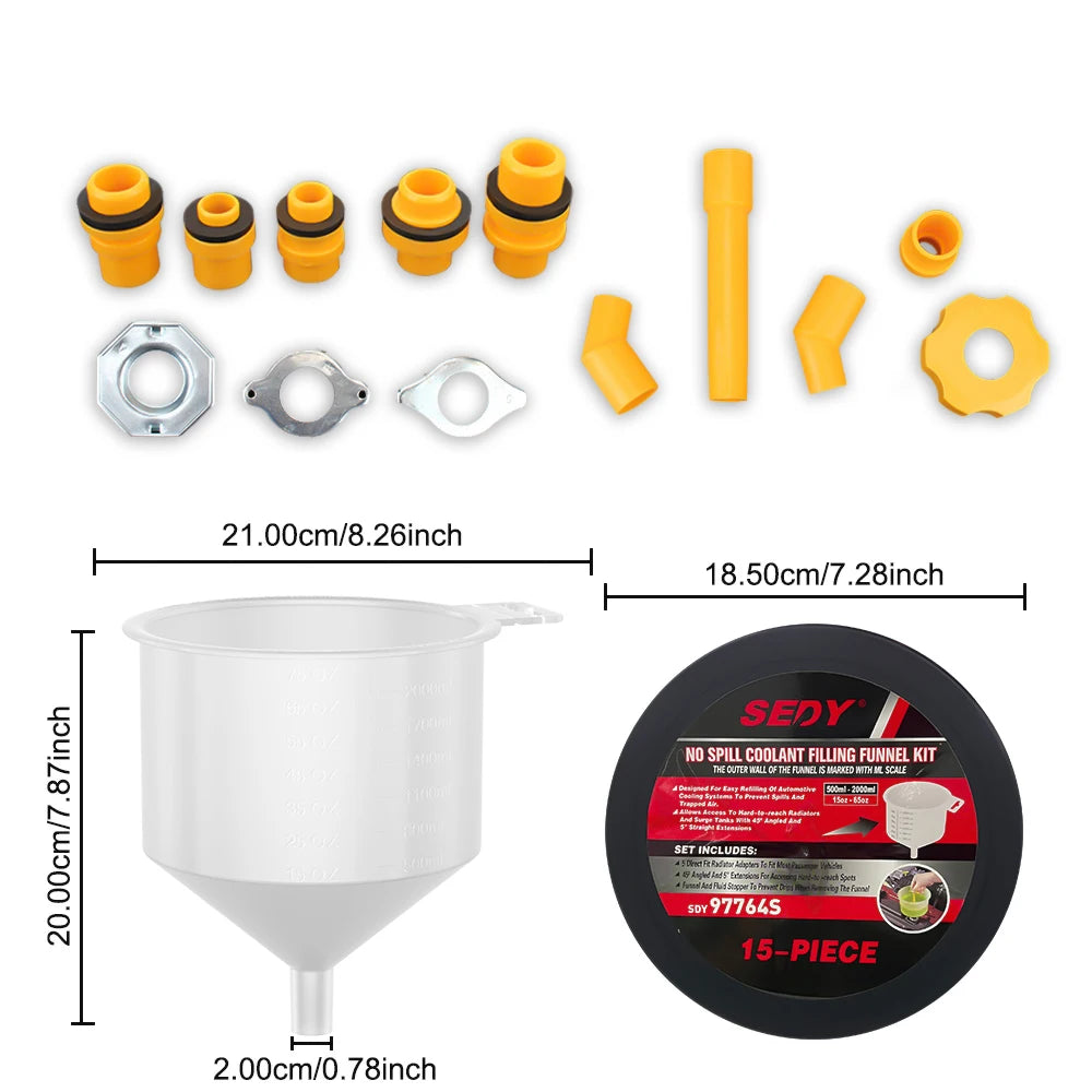 Spill-Proof Coolant Funnel Kit – Universal Radiator Filling System with 5 Adapters, Extension Tube & Elbows for Cars, SUVs & Light Trucks