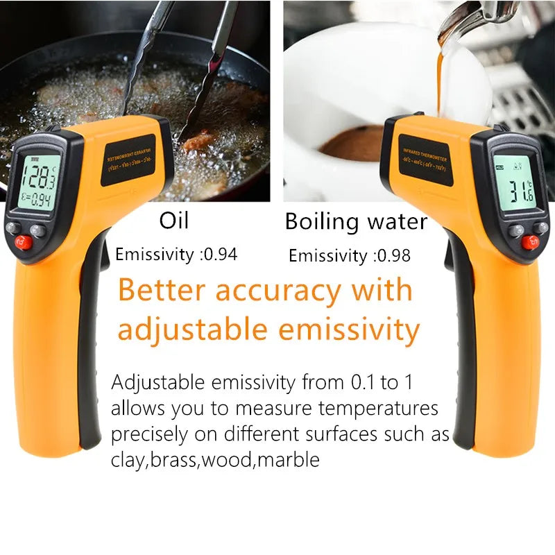 GM320 Infrared Thermometer – Non-Contact Digital Laser Temperature Gun (-50°C to 380°C) with LCD Display & Adjustable Emissivity