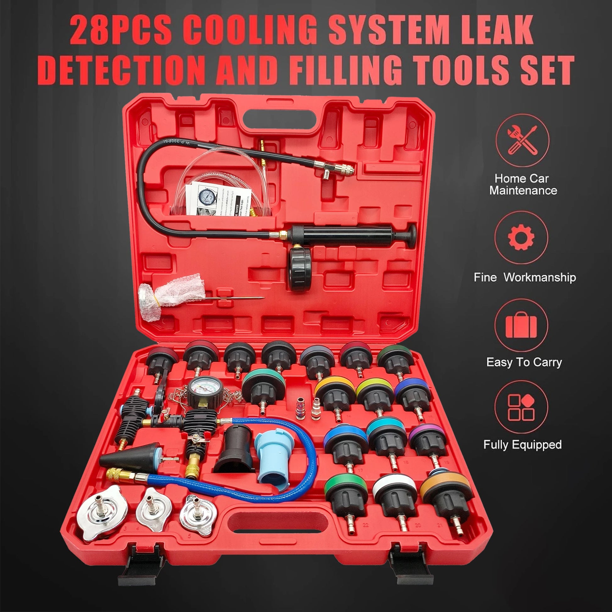 28-piece cooling system leak detection and filling tools set in a red case on a black background.