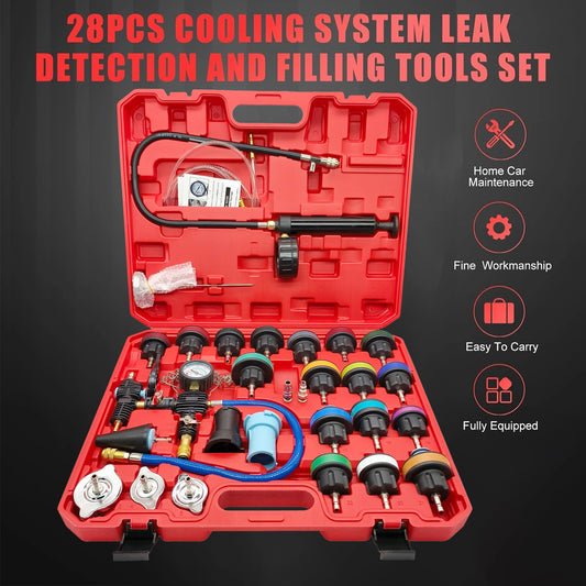 28-piece cooling system leak detection and filling tools set in a red case on a black background.