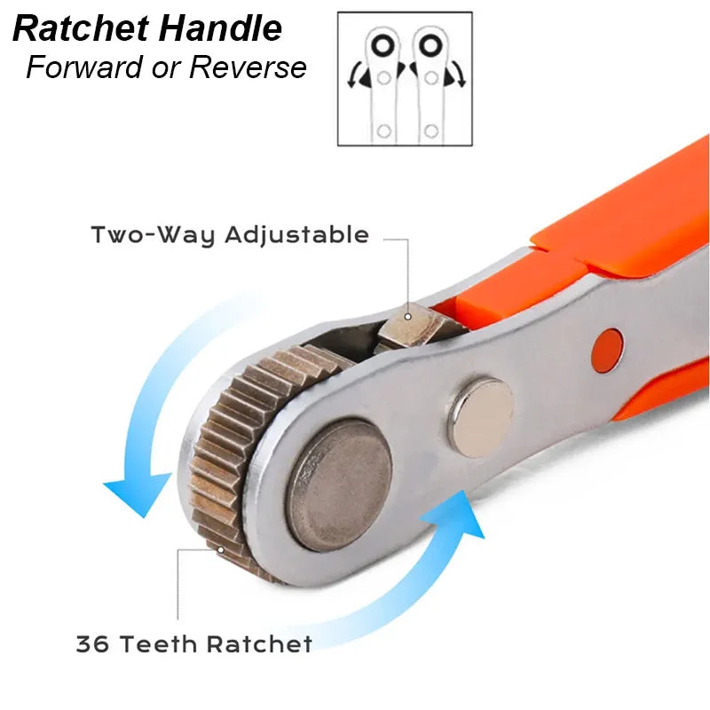 Ratchet handle with adjustable mechanism and labeled features on a white background