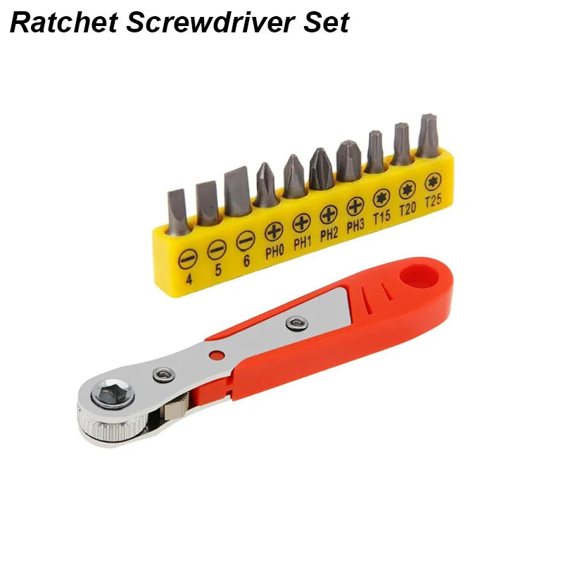Ratchet screwdriver set with various bits on a white background