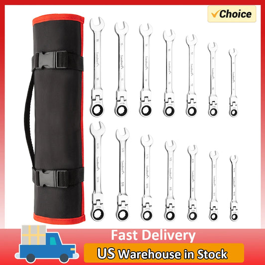 14-Piece Metric & SAE Ratcheting Wrench Set – 180° Flex-Head Combination Wrenches with Roll-Up Pouch, Chrome Vanadium Steel (8mm–16mm & 5/16"–11/16")