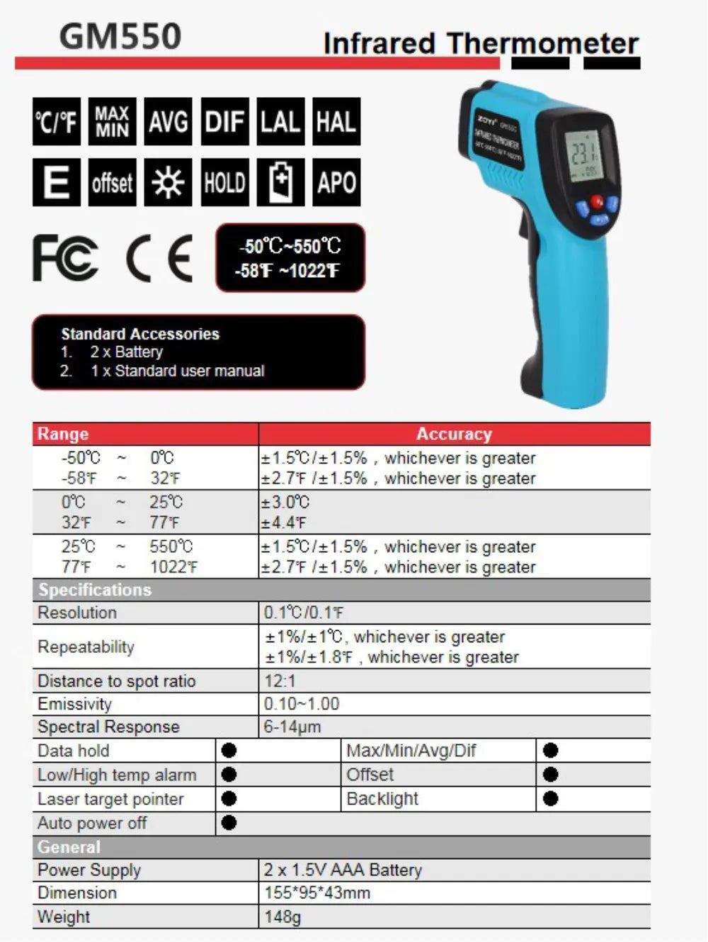 GM320 Infrared Thermometer – Non-Contact Digital Laser Temperature Gun (-50°C to 380°C) with LCD Display & Adjustable Emissivity