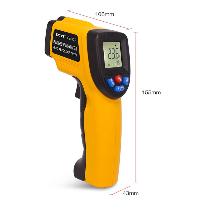 GM320 Infrared Thermometer – Non-Contact Digital Laser Temperature Gun (-50°C to 380°C) with LCD Display & Adjustable Emissivity
