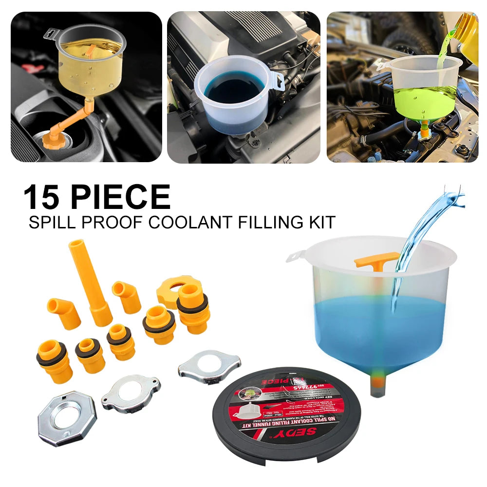 Spill-Proof Coolant Funnel Kit – Universal Radiator Filling System with 5 Adapters, Extension Tube & Elbows for Cars, SUVs & Light Trucks