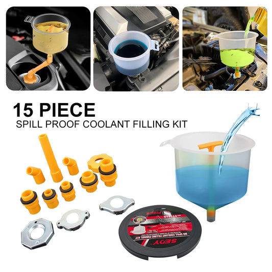 Spill-Proof Coolant Funnel Kit – Universal Radiator Filling System with 5 Adapters, Extension Tube & Elbows for Cars, SUVs & Light Trucks