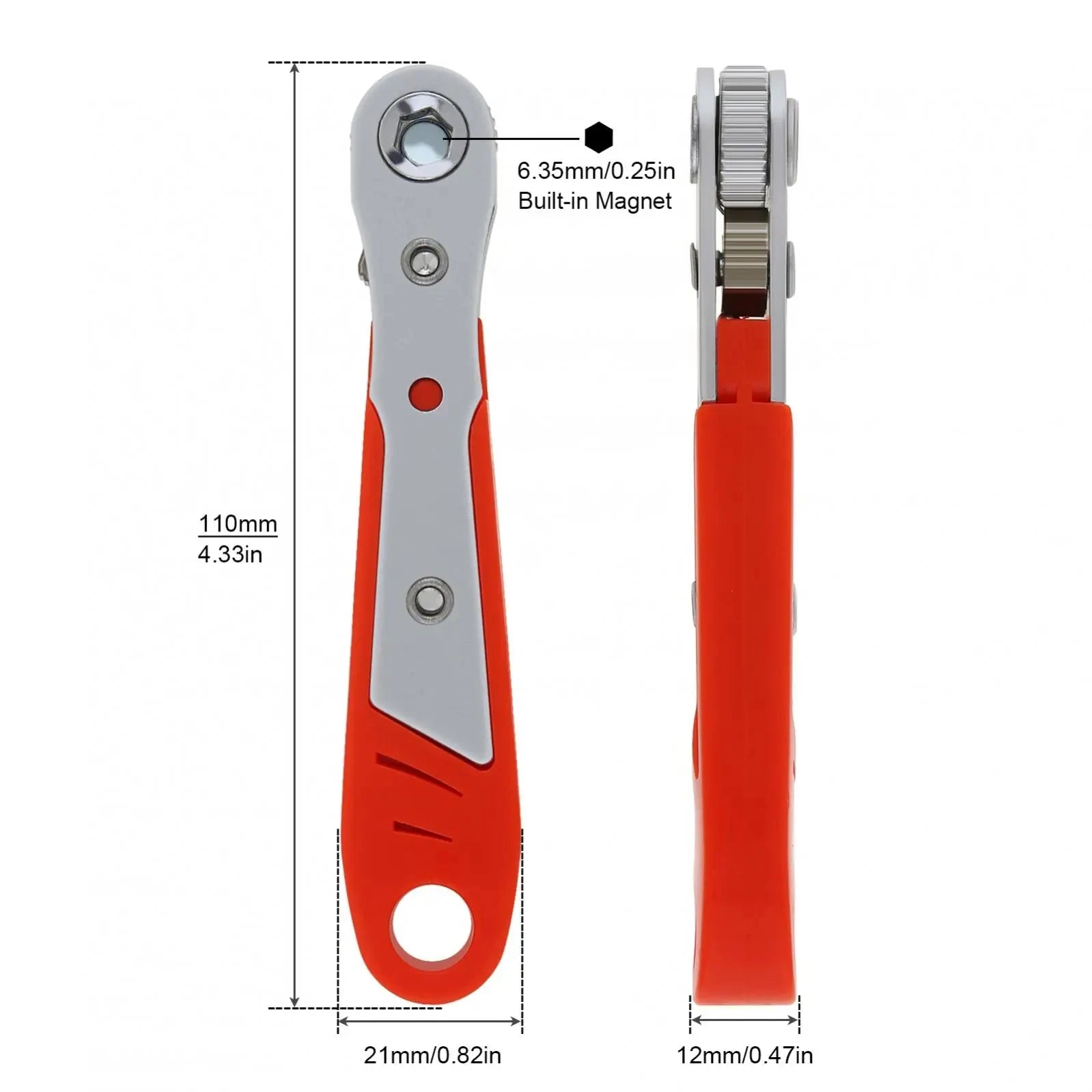 Red and silver adjustable wrench with measurements on a white background