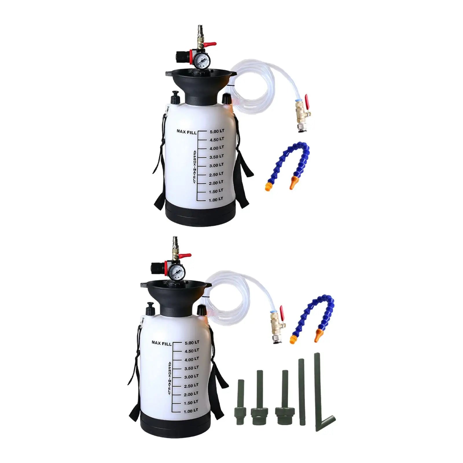Two white containers with black lids and measurement markings, connected by hoses and nozzles on a white background.