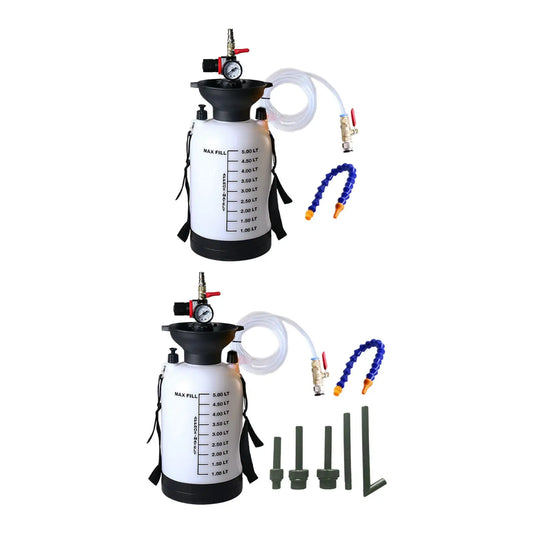 Two white containers with black lids and measurement markings, connected by hoses and nozzles on a white background.