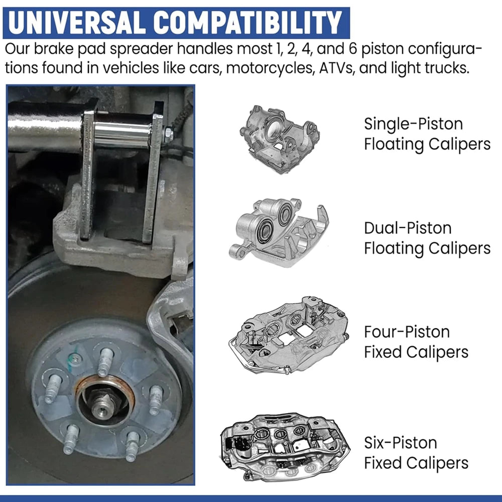 Brake pad spreader compatibility with various caliper types on a blue background