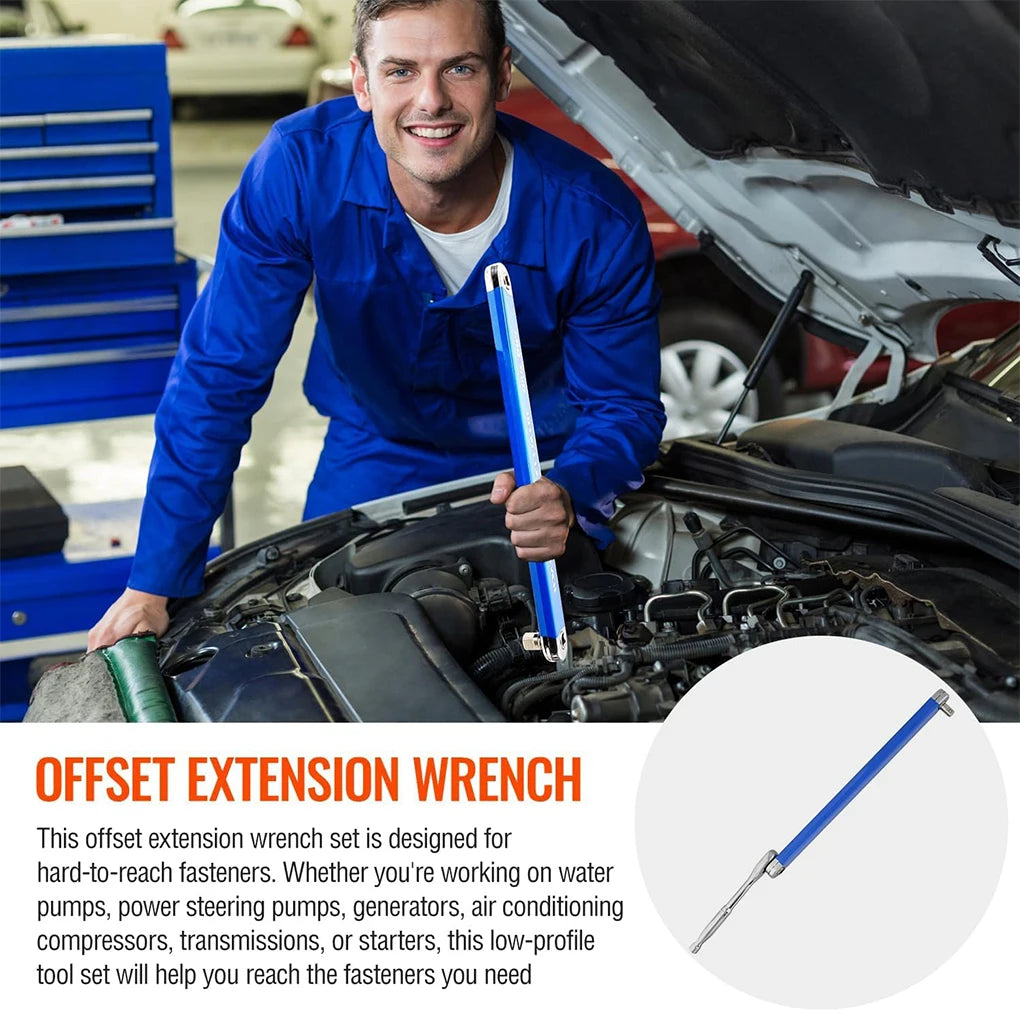 Adjustable Offset Extension Wrench Set – 15-Inch Tight Reach Ratchet Wrench with 3 Adapters & Drill Drive for Automotive & Mechanical Repairs