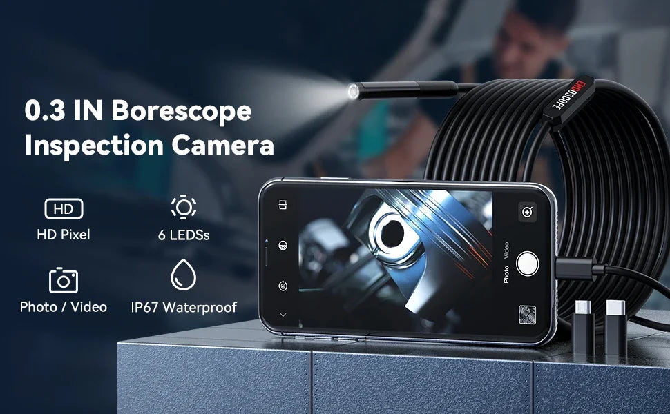 1080P HD Borescope Inspection Camera – Waterproof Endoscope Snake Camera with LED Lights, 9.8FT Semi-Rigid Cable & 3-in-1 USB/Type-C/Lightning Interface