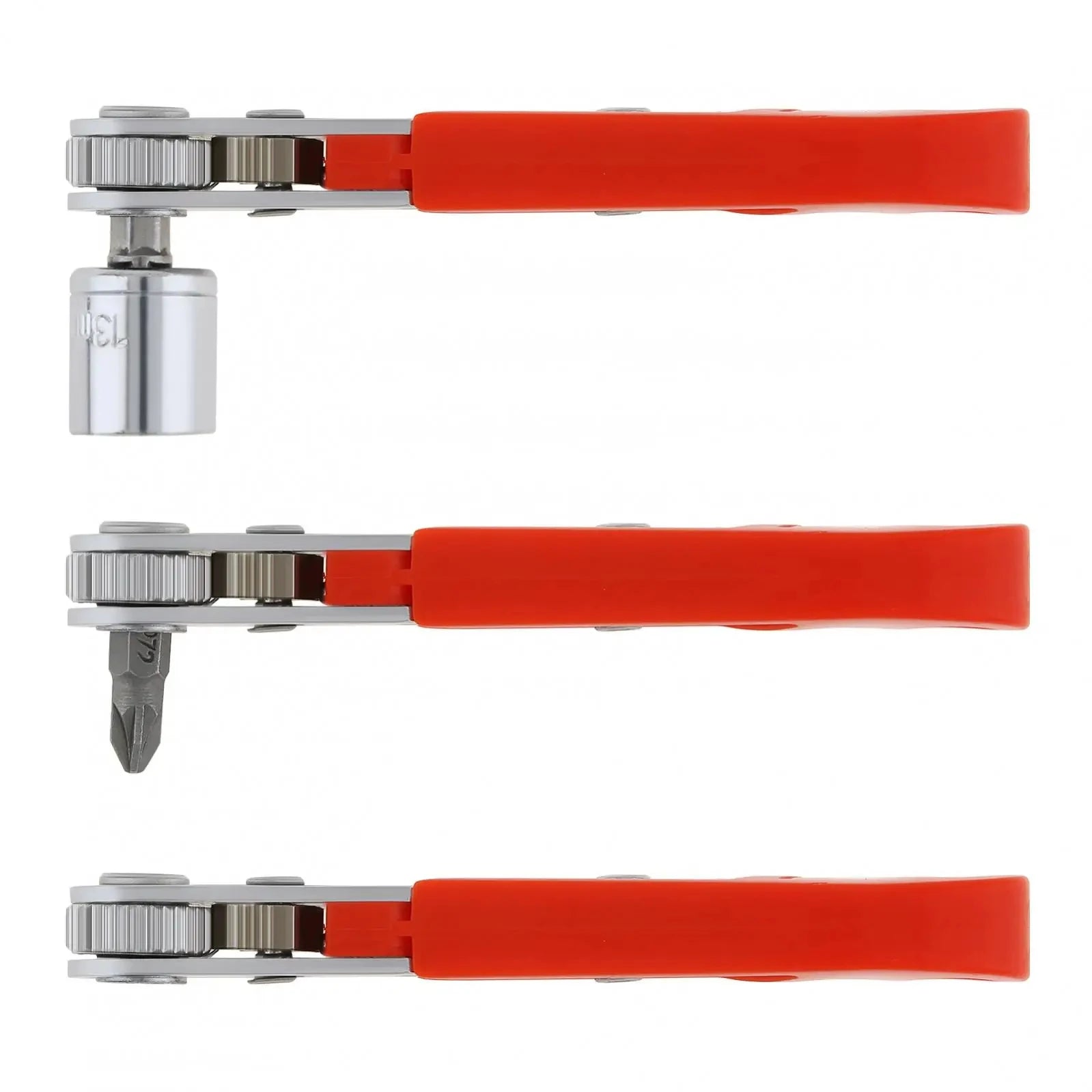 Three red-handled tools with silver heads on a white background