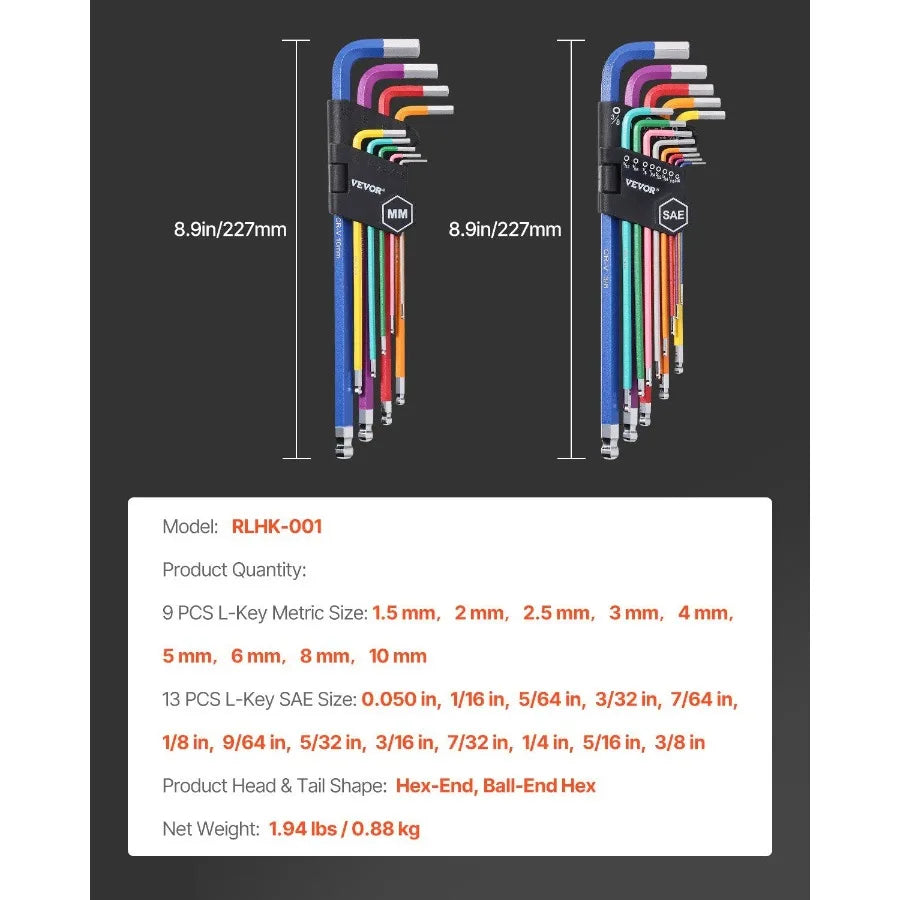 22-Piece Hex Key Allen Wrench Set | SAE & Metric Long Arm Ball-End Keys (1.5mm–10mm & 0.050"–3/8") | Color-Coded, Chrome Vanadium Steel