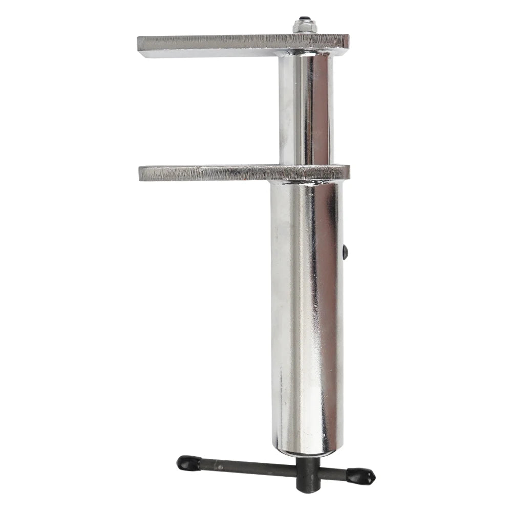 Silver caliper spreader with adjustable arms on a white background