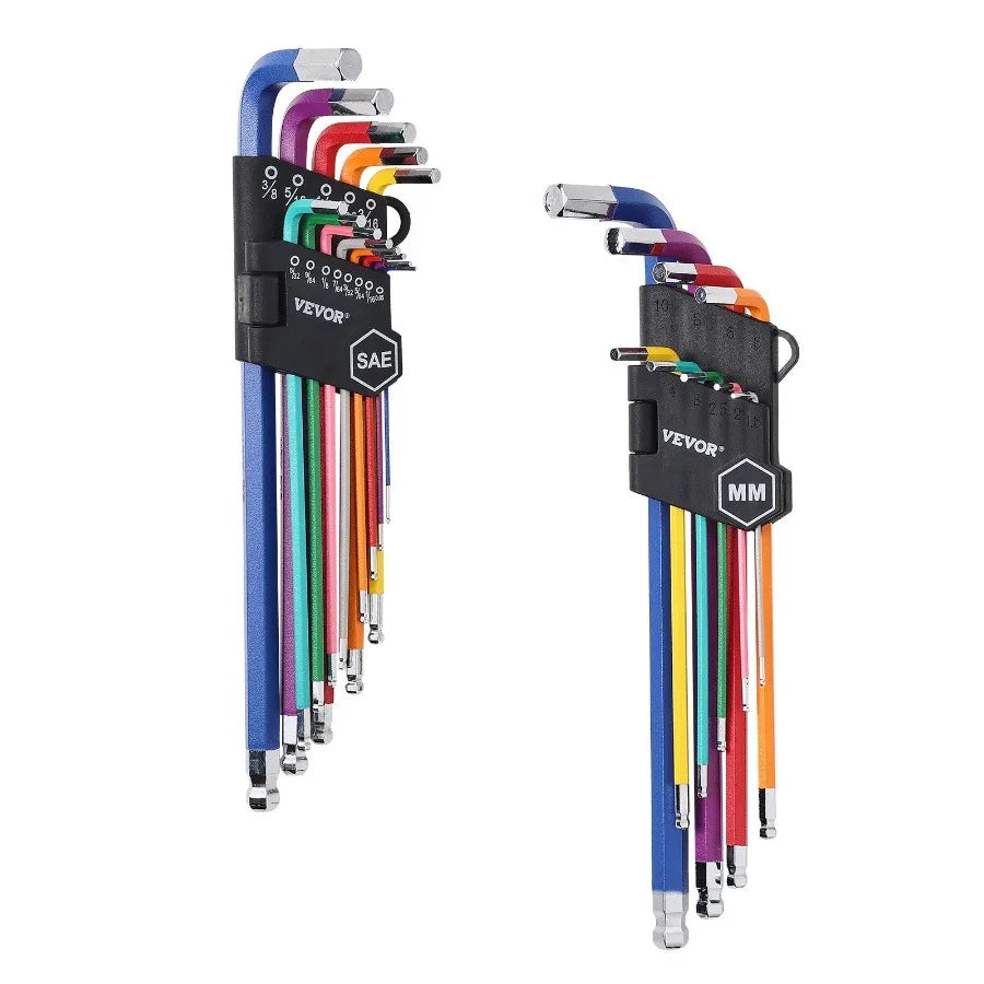 22-Piece Hex Key Allen Wrench Set | SAE & Metric Long Arm Ball-End Keys (1.5mm–10mm & 0.050"–3/8") | Color-Coded, Chrome Vanadium Steel