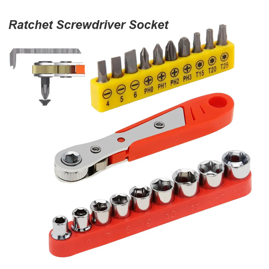 Ratchet screwdriver socket set with tool bits on a white background