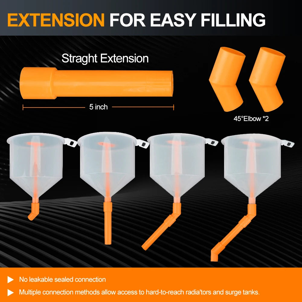 Spill-Proof Coolant Funnel Kit – Universal Radiator Filling System with 5 Adapters, Extension Tube & Elbows for Cars, SUVs & Light Trucks