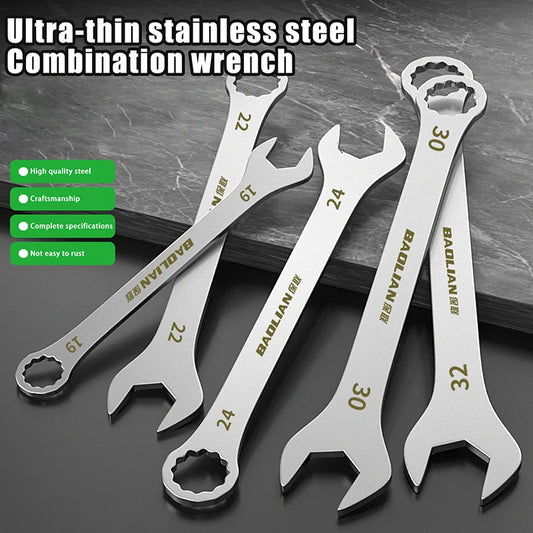 Set of ultra-thin stainless steel combination wrenches with brand name on a dark background
