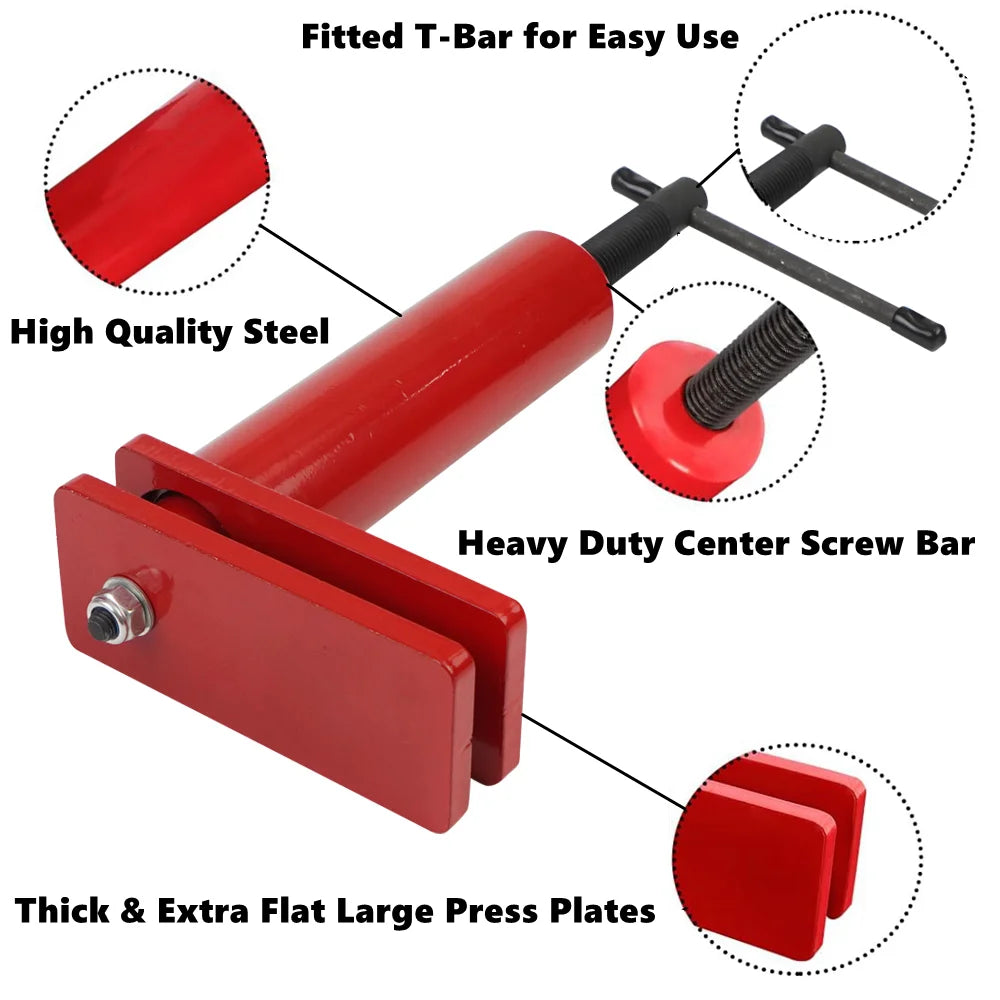 Red metal caliper spreader tool with features highlighted on a white background