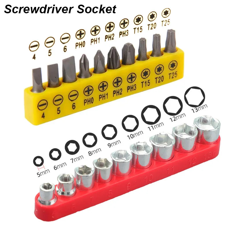 Set of screwdriver bits in a yellow holder and socket set in a red holder on a white background.