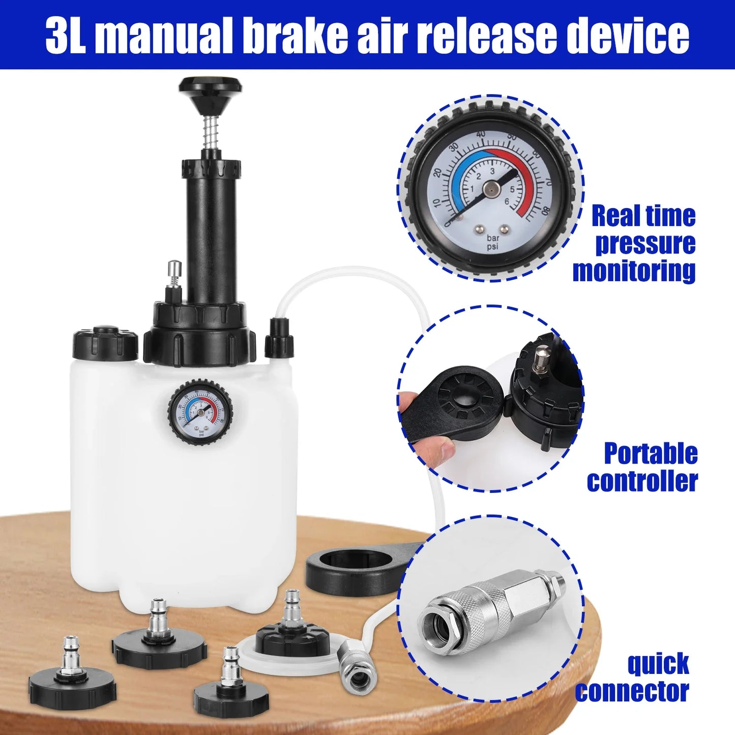 L Manual Brake Bleeder Kit – One-Person Brake & Clutch Fluid Bleeding Tool with Pressure Gauge, 4 Adapters & Waste Oil Bottle