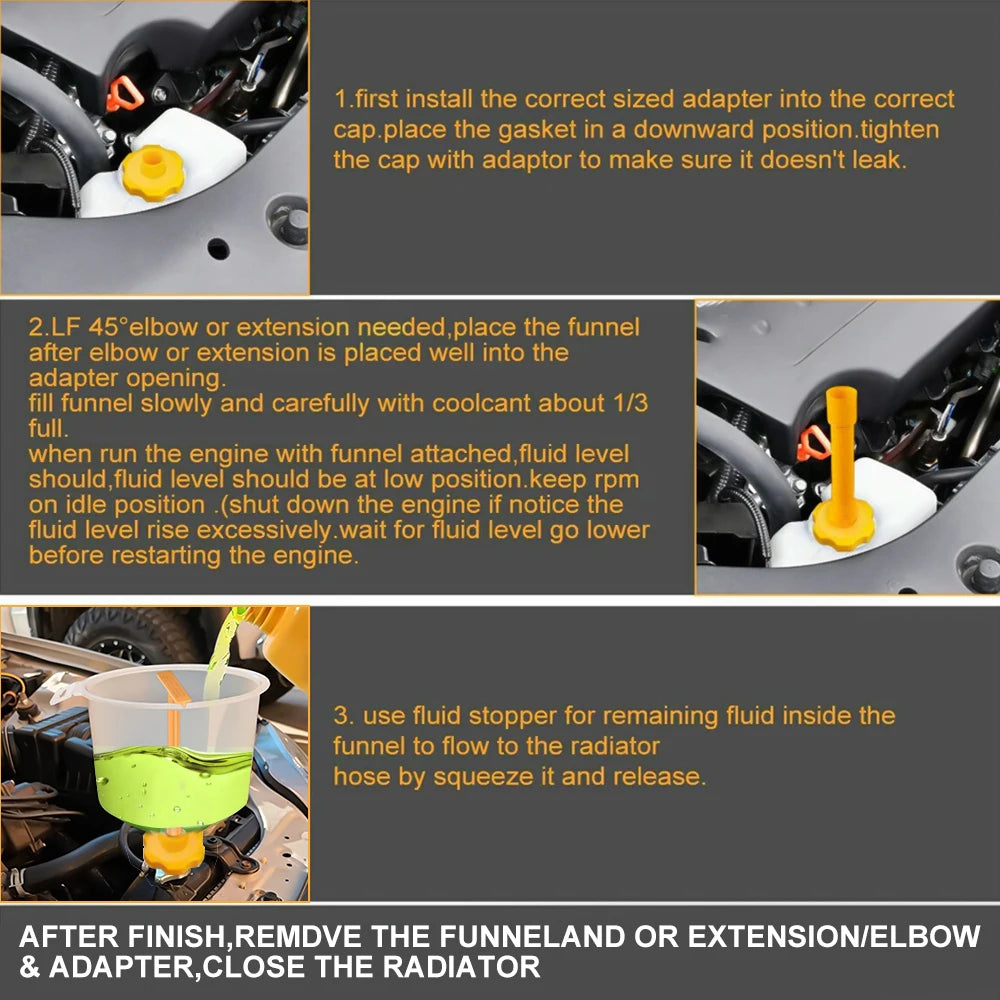 Spill-Proof Coolant Funnel Kit – Universal Radiator Filling System with 5 Adapters, Extension Tube & Elbows for Cars, SUVs & Light Trucks